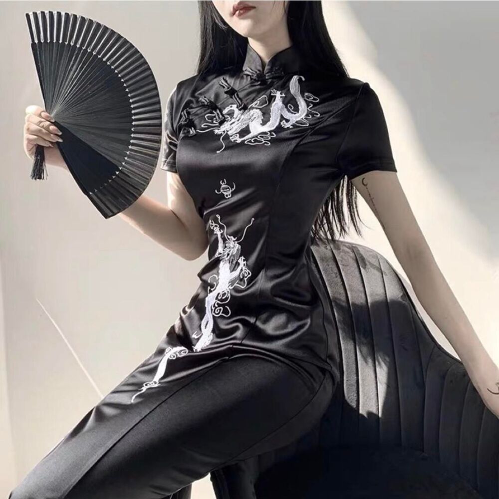 Women's Qipao Black Dragon Maxi Dress size L